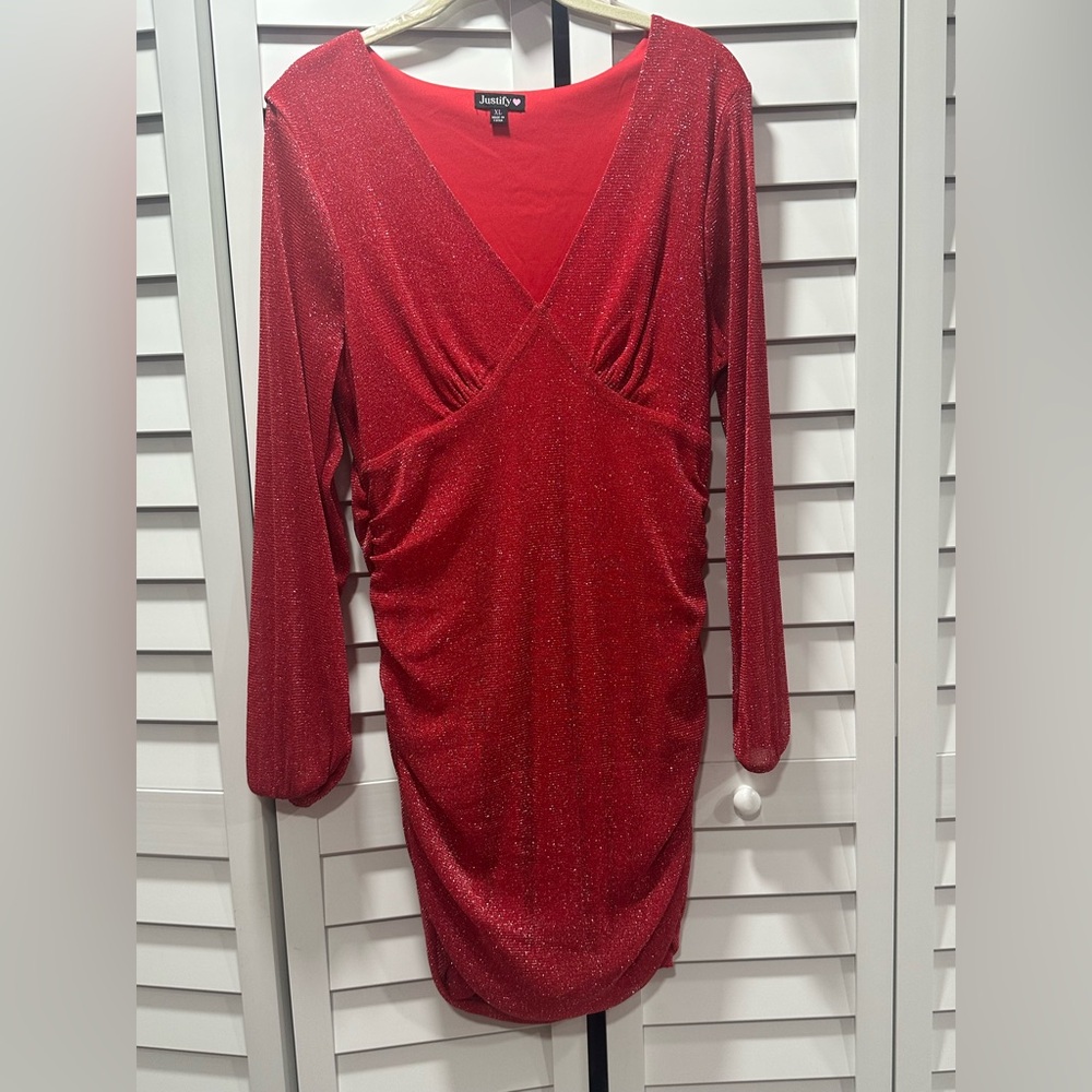 Justify Red Ruched Long Sleeve Dress